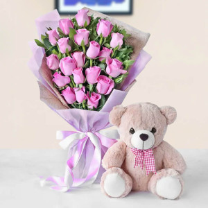 Pink Rose Bunch With Teddy Bear